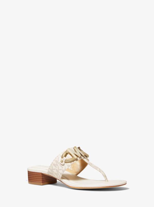Damske Slapky Michael Kors Izzy Embellished Logo Sandal Biele Hnedožltý - Topanky Michael Kors Levně | WBUAL-7284